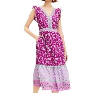 LOFT Midi Dress V-neck Ruffle Sleeves A-line Cotton Pink Floral Women’s Size 8